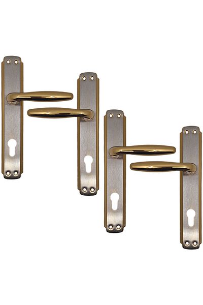 flores Door handle with escutcheon, Utku, satin yellow, on cylinder, 85 mm, 2 sets / box
