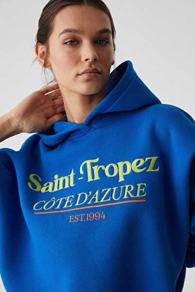 GRIMELANGE Hanorac albastru supradimensionat cu glugă cu mânecă lungă TACNA pentru femei