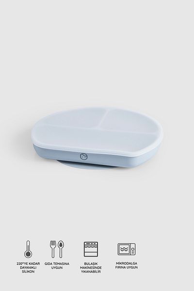 Little Gusto 3 Compartment Silicone Vacuum Blue Food Plate with Lid
