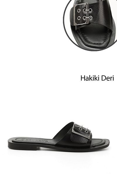 GÖNDERİ(R) Papuci din piele naturală cu cataramă neagră pentru femei/fete