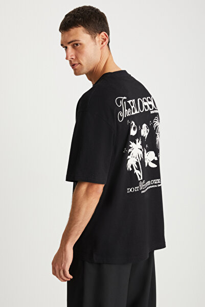 GRIMELANGE Derıvo Erkek %100 Pamuk Bisiklet Yaka Baskılı Siyah T-shirt