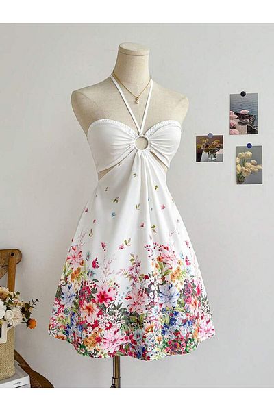 Ceylen Flower Pattern Straples Neck Lacing Detailed Cutout Mini Dress