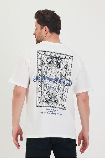 Tarz Cool Λευκό μπλουζάκι με λαιμόκοψη μεγάλου μεγέθους μπροστά και πίσω με στάμπα casual unisex