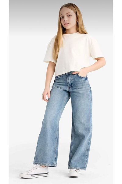 ASL GOLF CLUB Fete Culoare albastră 100% bumbac Talie reglabilă Pantaloni din denim cu picioare largi, cu croiala relaxată, 6-15 ani