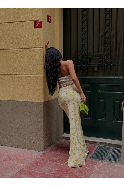 LB Laluna Butik Kadın Krem Sarı Çiçekli Dökümlü Uzun Saten Etek