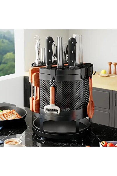 Un Organizer, Drainer, and 4 Hooks for Cutlery and Cutting Boards. 360 Degree Rotating Kitchen Utensil Holder with Modern Design