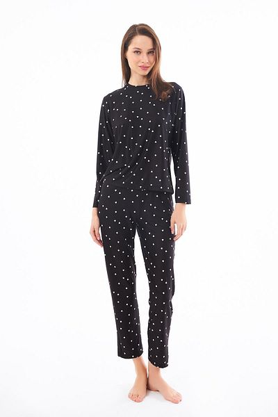 Cottonhill Premium Summer Women's Pajamas Set Black Heart Pattern Soft Textured Crew Neck Long Sleeve