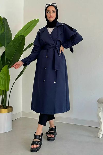 Tesettür Diyarı Navy Blue 120cm Trench Coat - Snap Detail and Lined, 38-44 Compatible