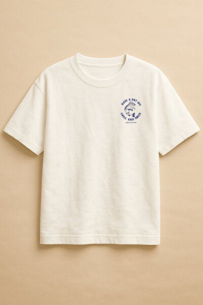 Altair Tr تي شيرت أبيض اللون كبير الحجم مطبوع عليه سمكة Chill and Smile للجنسين