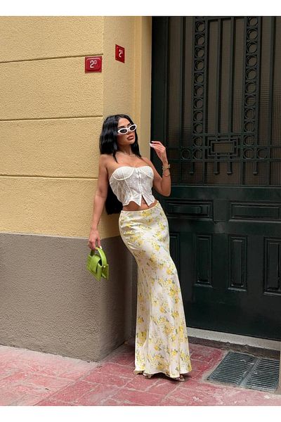 LB Laluna Butik Γυναικεία Κρεμ Κίτρινη Floral Flowy Μακριά Σατέν Φούστα