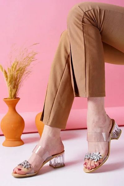 leopar by çetinay 33 Beige Stone Detailed Transparent Strap Heeled Shoes