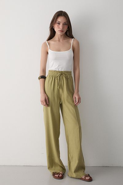 JASTE Women's Beige Elastic Waist Lace-Up Linen Trousers
