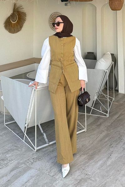 My Blog Mustard - Double Pocket 100% Cotton Vest Trousers Set - 8602