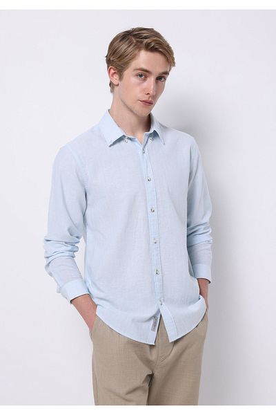 Colin's Regular Fit Shirt Neck Plain Men's Linen Blended Light Blue Long Sleeve Shirt
