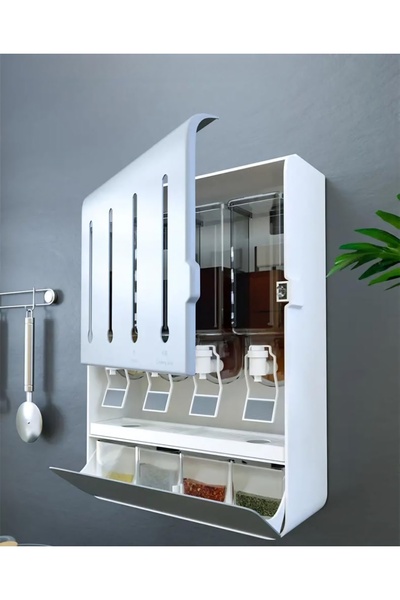 Un منظم وموزع زيوت رف مطبخ مثبت على الحائط ، صندوق تخزين بهارات متعدد الوظائف بدون ثقب صندوق توابل