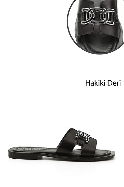 GÖNDERİ(R) Papuci din piele naturală cu cataramă neagră pentru femei/fete