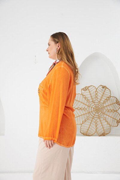 RMG Large Size Washable Blouse with Crest Detail Orange