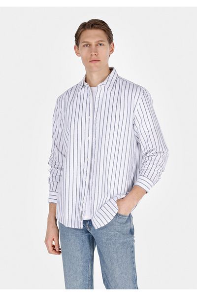Colin's Regular Fit Shirt Neck Striped Men's Linen Blended Navy Blue Long Sleeve Shirt