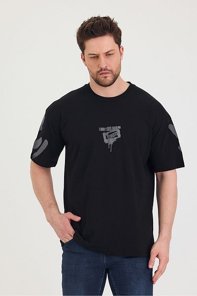 Tarz Cool Μαύρο μπλουζάκι με λαιμόκοψη μεγάλου μεγέθους μπροστά και πίσω με στάμπα casual unisex