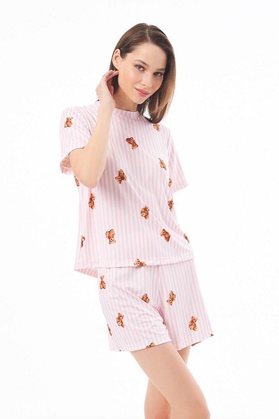 Cottonhill Дамски пижамен комплект Premium Shorts, кремав, с шарка на мече, мека текстура, кръгло деколте, къс ръкав