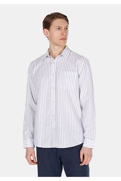 Colin's Regular Fit Shirt Neck Striped Men's Linen Blended Navy Blue Long Sleeve Shirt