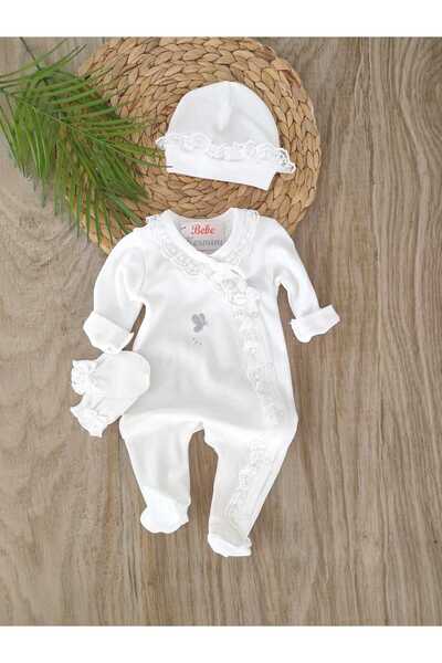 bebe kervanı Kelebek Detaylı Beyaz %100 Pamuklu Dantelli Tulum Seti Bebek