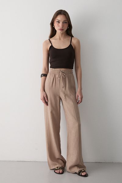 JASTE Women's Mink Beige Elastic Waist Lace-Up Linen Trousers