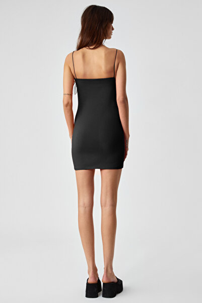 GRIMELANGE Rions Women's Hanging Neck Regular Fit Short Black Dress