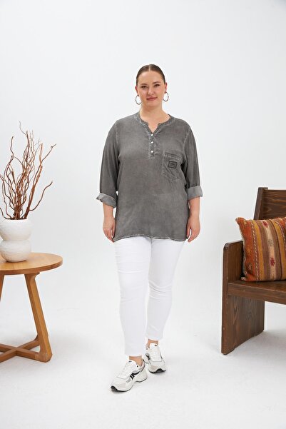 RMG Arma Detailed Large Size Washed Blouse Smoked