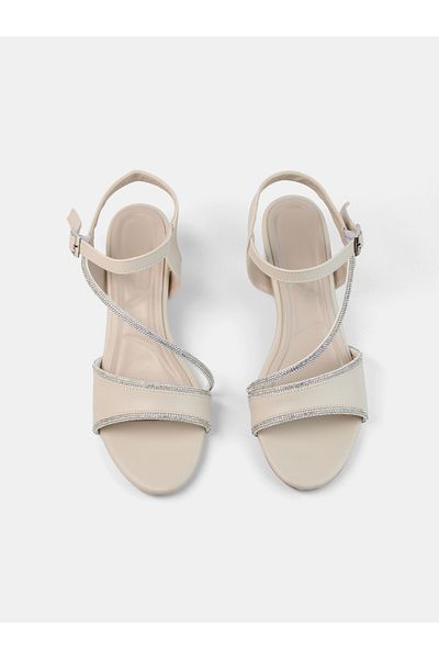 MAGGIO Cream Women's Stone Ankle Strap Thick Heeled Evening Dress Shoes