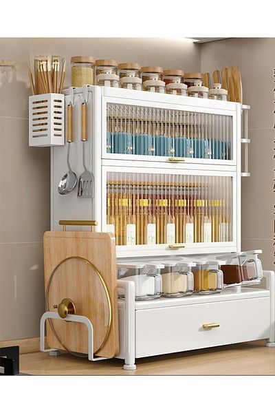 Un Multi-purpose kitchen organizer with shelves for storing spices, seasonings, and cooking tools, white