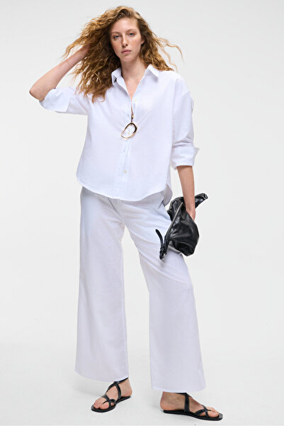 GRIMELANGE Ubana Kadın %100 Pamuk Keten Görünümlü Flamli Orta Bel Geniş Paça Rahat Beyaz Pantolon