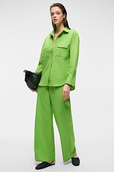 GRIMELANGE Ubana Kadın %100 Pamuk Keten Görünümlü Flamli Orta Bel Geniş Paça Rahat Yeşil Pantolon