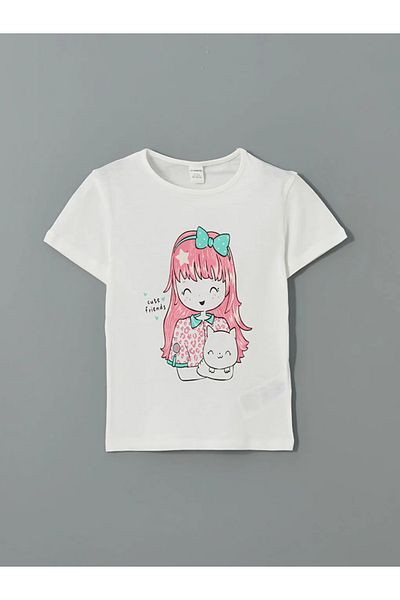LC Waikiki Lcw Kids White Crew Neck Printed Girls T-Shirt Pack of 2