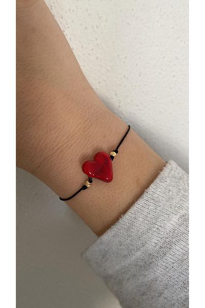 BAE ATOLYE Red Heart Black Bracelet Macrame Gift for Valentine's Day