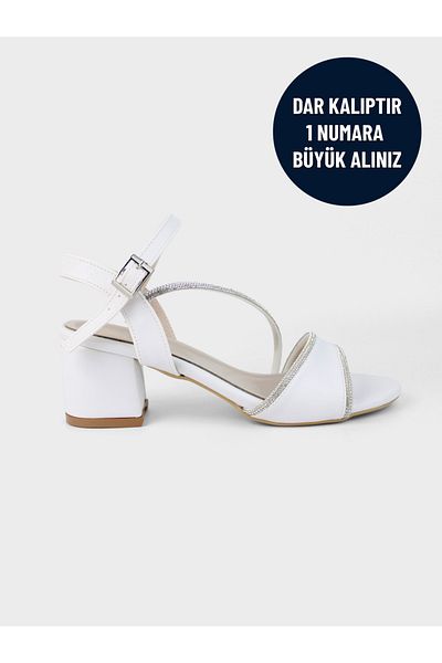 MAGGIO White Women's Stone Ankle Strap Thick Heeled Evening Dress Shoes