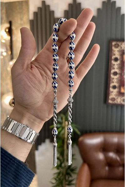 dergah tesbih Handcrafted Silver Design Caged Navy Blue Zaza Rosary