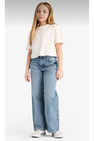 ASL GOLF CLUB Fete Culoare albastră 100% bumbac Talie reglabilă Pantaloni din denim cu picioare largi, cu croiala relaxată, 6-15 ani