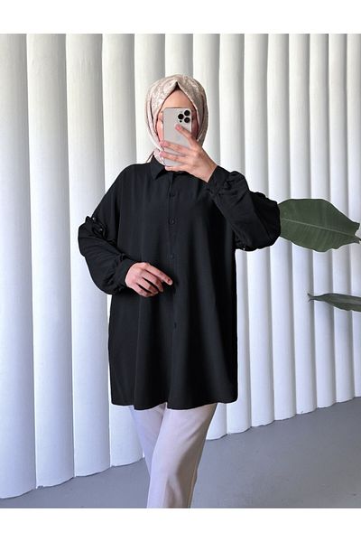 Modamorfo Casual Ayrobin Tunic with Ruched Sleeves and Stones -Black