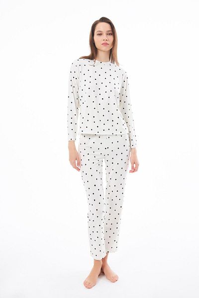 Cottonhill Premium Summer Women's Pajamas Set Cream Heart Pattern Soft Textured Crew Neck Long Sleeve