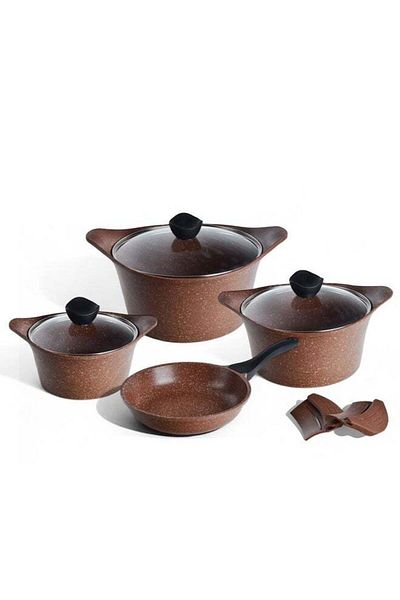 Procila 9-Piece Aluminum Cookware Set Dark Red With Tempered Glass Lid, Non-Stick & Granite Coating