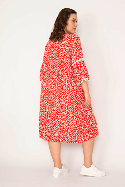 Şans Large Size Colorful Viscose Dress with Lace Detail - 65N33209