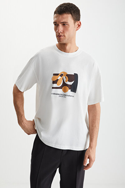 GRIMELANGE Ανδρικό μπλουζάκι Lexoro 100% βαμβακερό με λαιμόκοψη εκρού με στάμπα