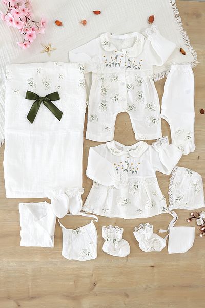 Sitilin Baby Girl Newborn Lace Fancy Muslin 10 Piece Luxury Hospital Release Bodysuit Set Stl6997
