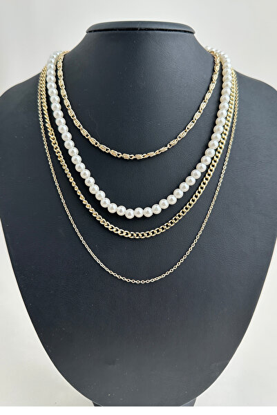 Modex Altın Rengi Incili Dörtlü Kombin Kolye