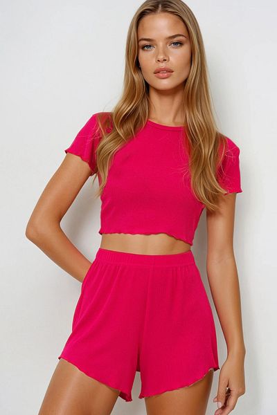 VAGGON Women's Fuchsia Crew Neck Crop Blouse, Shorts and Pants 3 Piece Pajama Set Pjmx13916