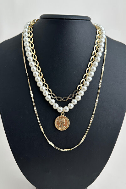 Modex Altın Rengi Üçlü Inci Kombin Kolye