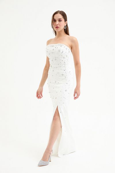 Lafaba Women's White Strapless Stone Long Evening Dress