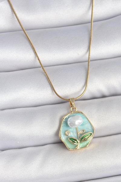 NEZADE STORE 316L Steel Gold Color Chain Blue Flower Embroidered Pearl Embroidered Portrait Model Women's Necklace - Lisinya