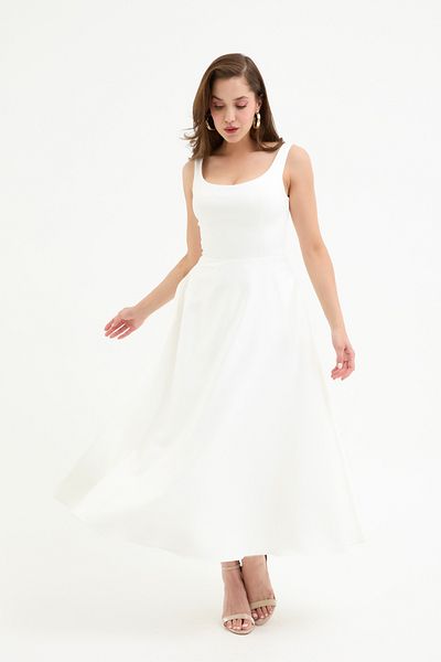 Lafaba Women's White Square Collar Midi Satin Promise Engagement Wedding Evening Dress
